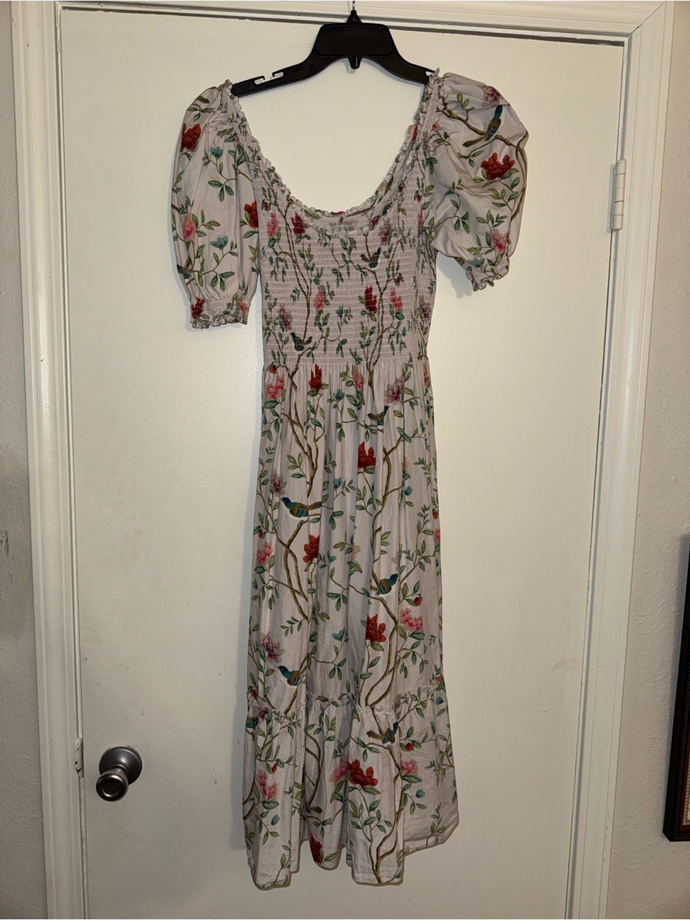 Smocked Puff-Sleeve Maxi Dress in Cream Floral LOUISA Hill House